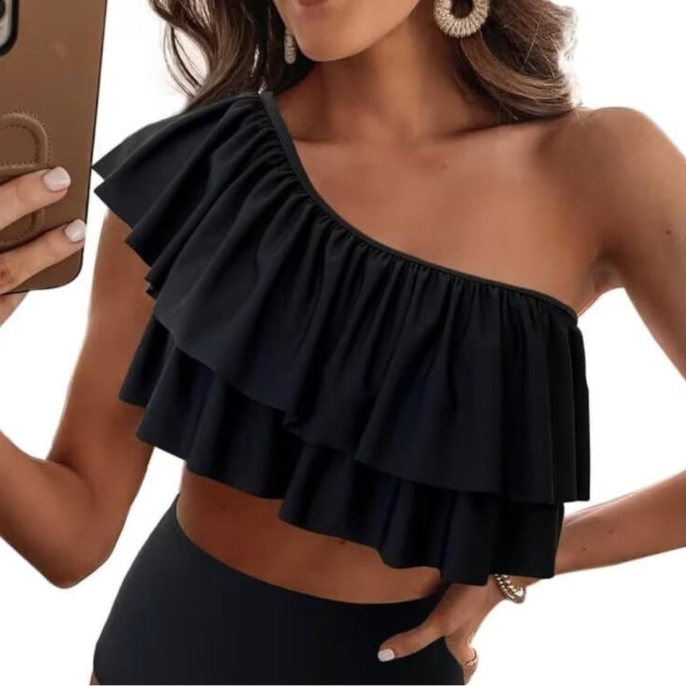 Ruffle One Shoulder High-waist Swim Bikini Set, VIMPUNEC, Size M Medium